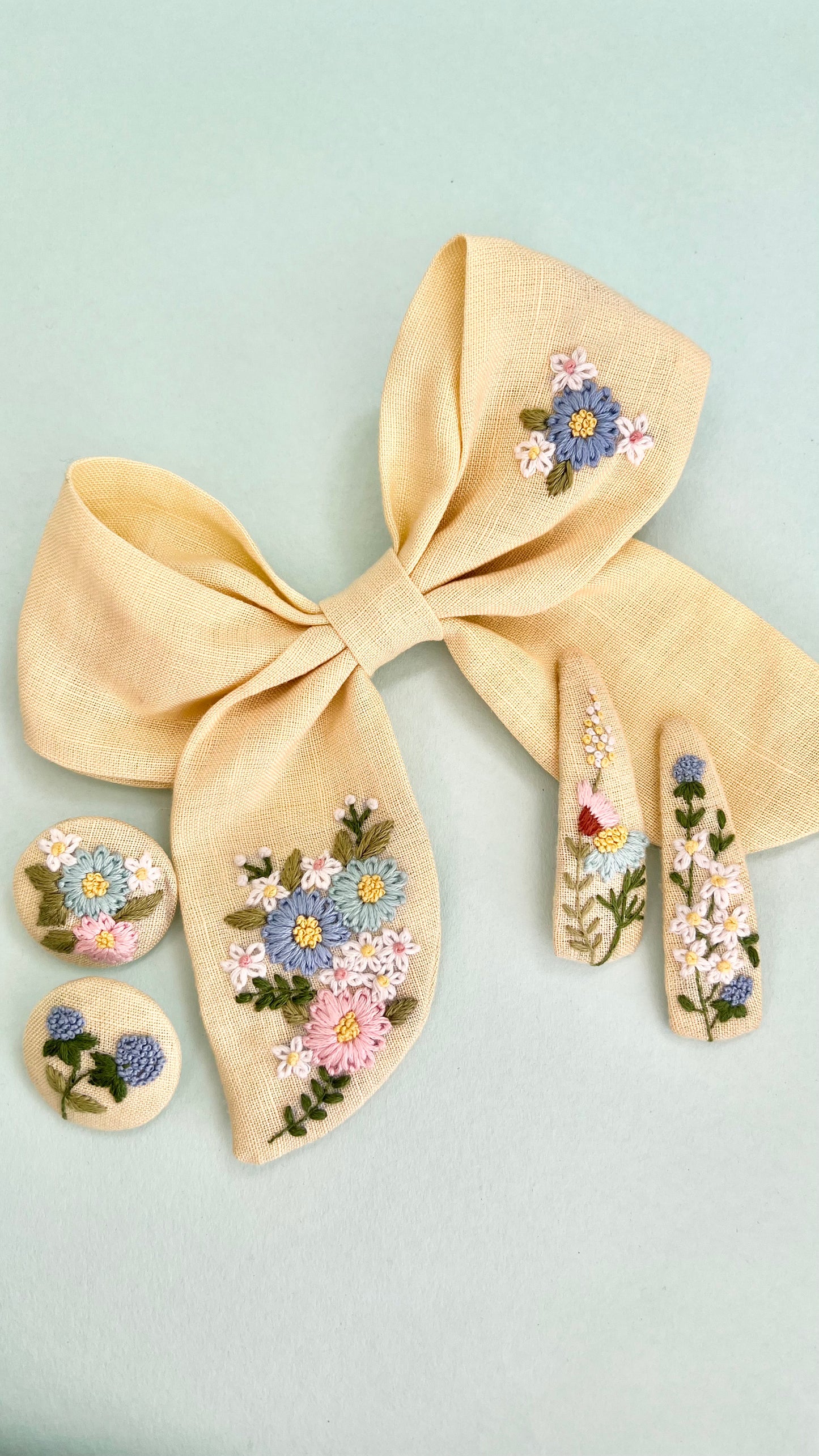 Spring Splendour - Sunshine yellow hand embroidered bow clip, tic tac pins & hair ties set | Set of 3