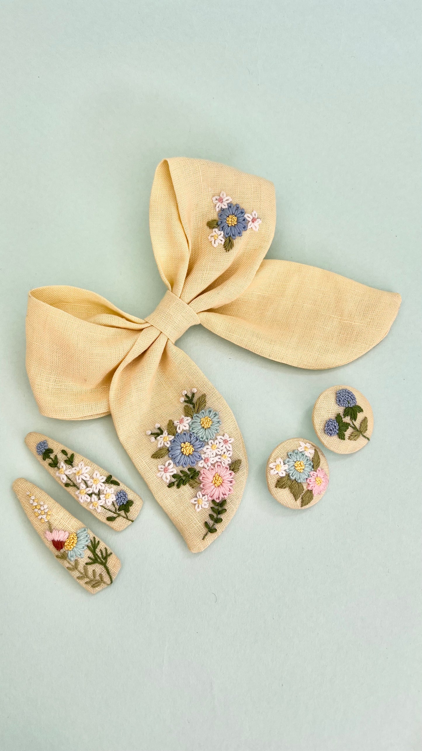 Spring Splendour - Sunshine yellow hand embroidered bow clip, tic tac pins & hair ties set | Set of 3