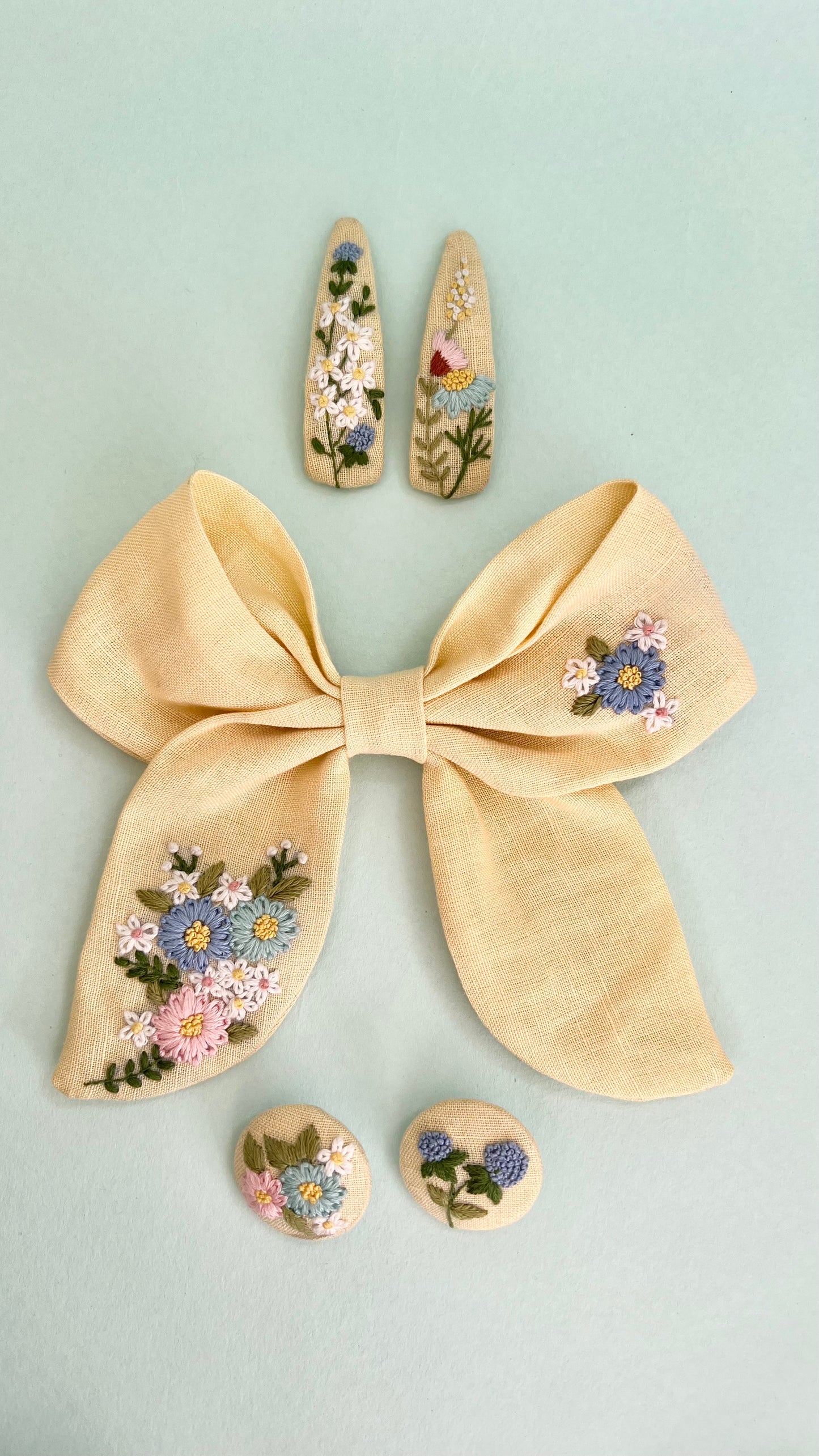 Spring Splendour - Sunshine yellow hand embroidered bow clip, tic tac pins & hair ties set | Set of 3