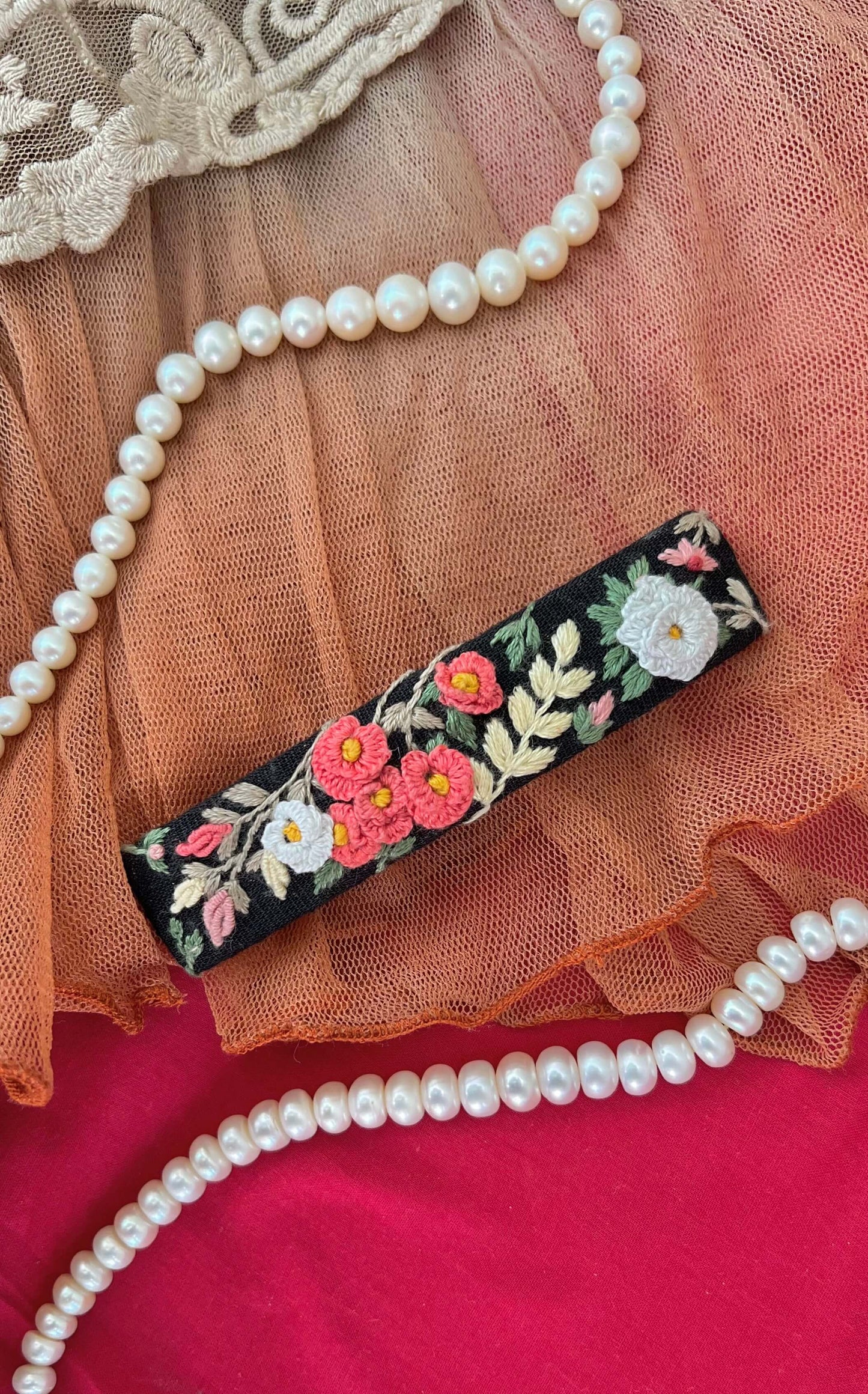 Vintage Rouge hand embroidered French barrette for women | Black