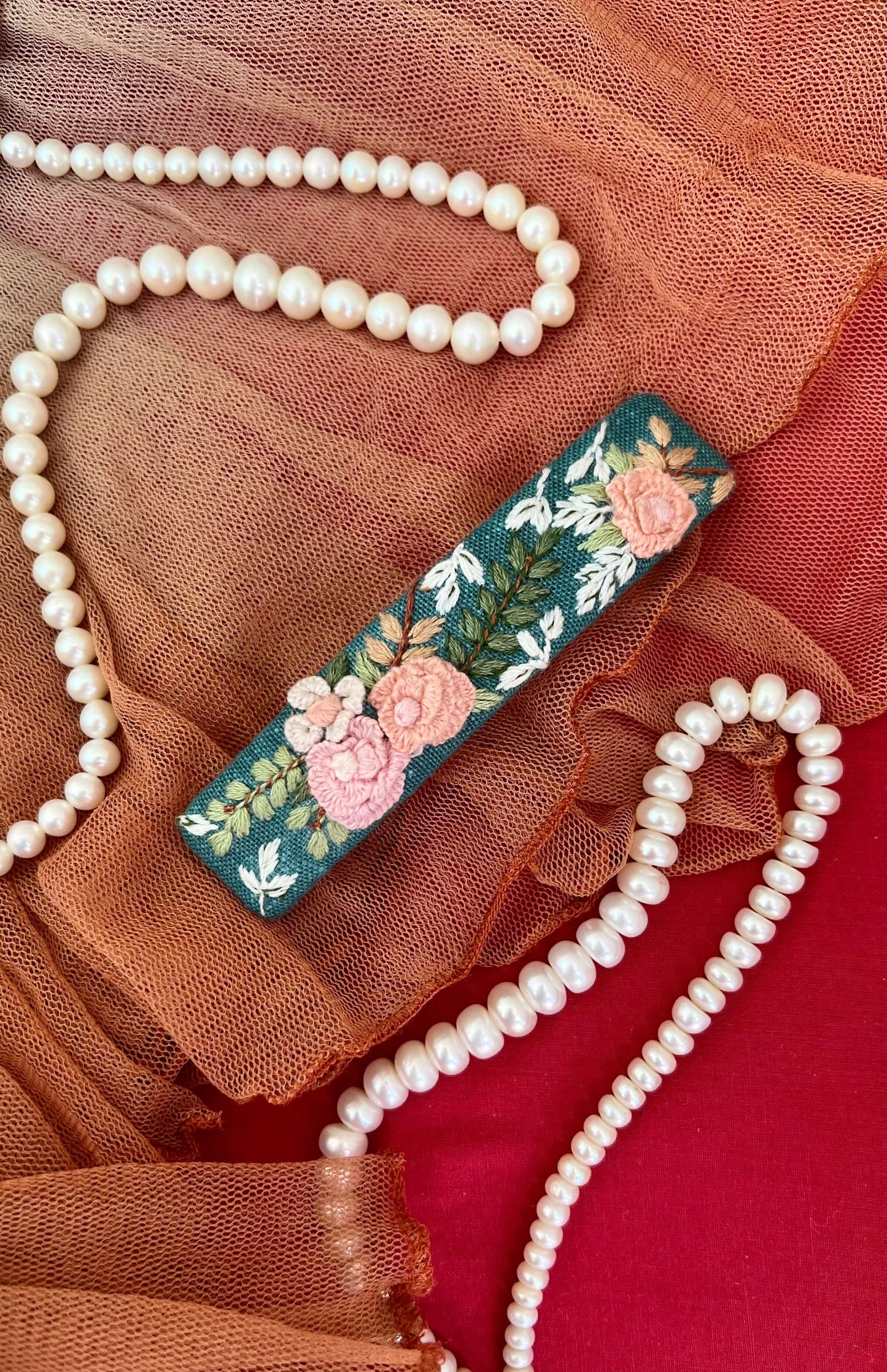 Vintage pastel bouquet hand embroidered French barrette for women | Teal green