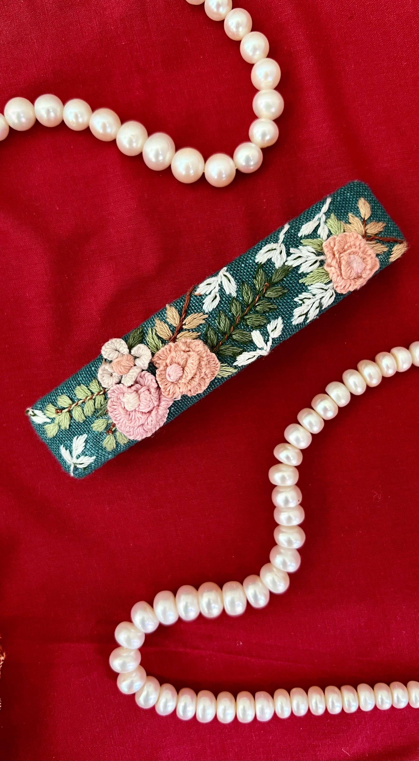 Vintage pastel bouquet hand embroidered French barrette for women | Teal green