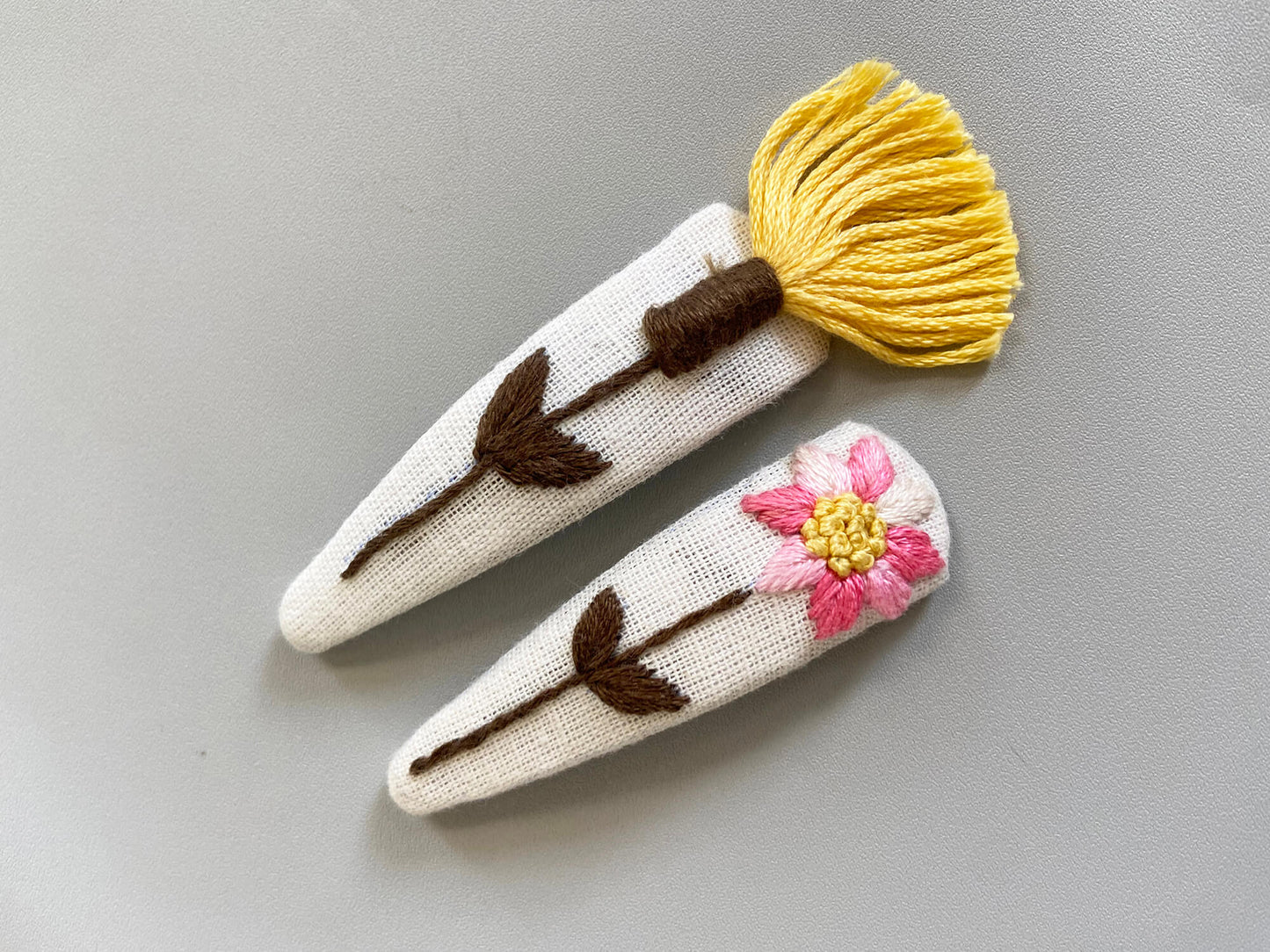 Yellow Fringe flower hand embroidered hairclip | Cotton Linen | Set of 2