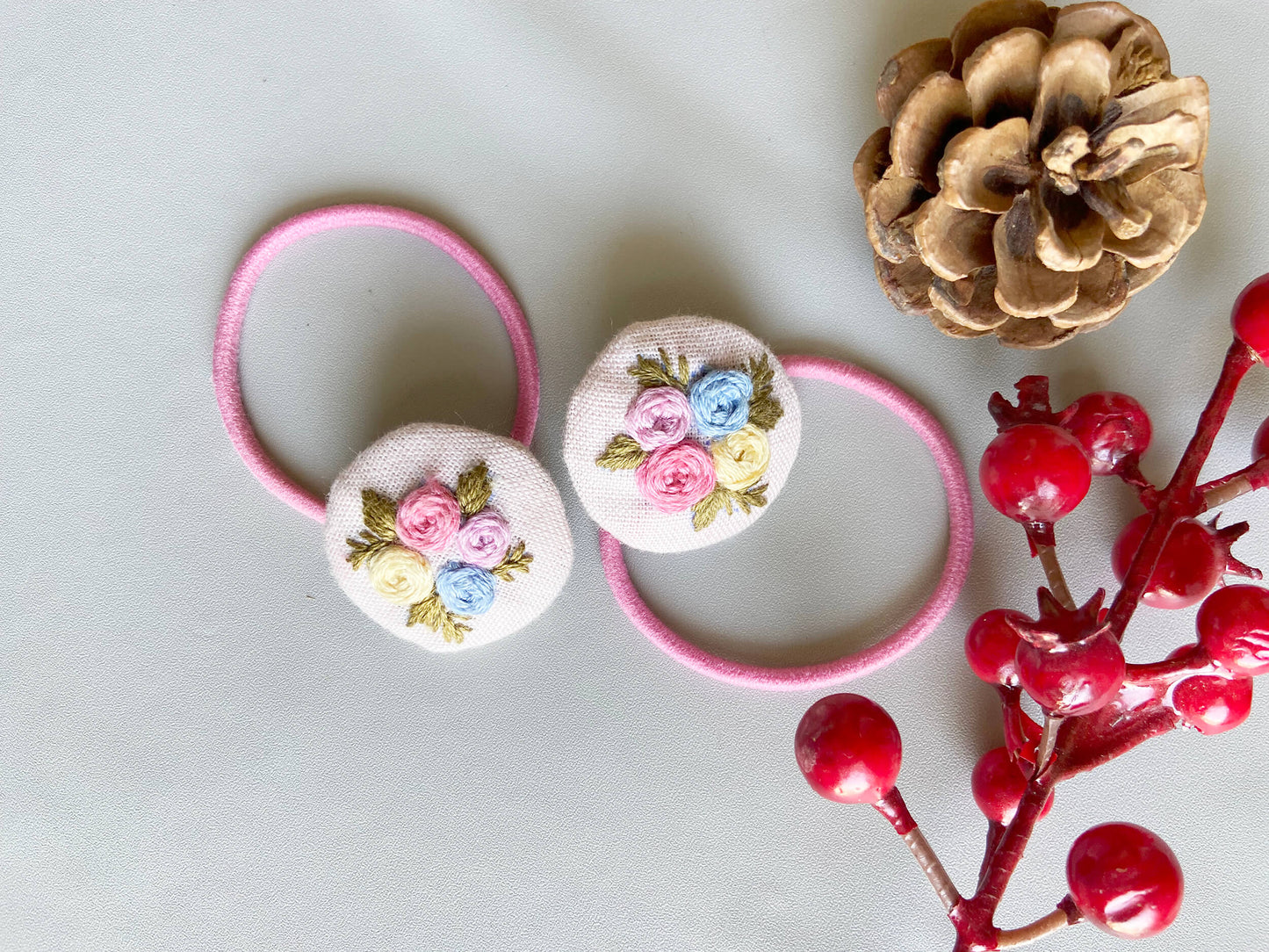 Pink Bloom hand embroidered hair ties | Cotton linen | Set of 2