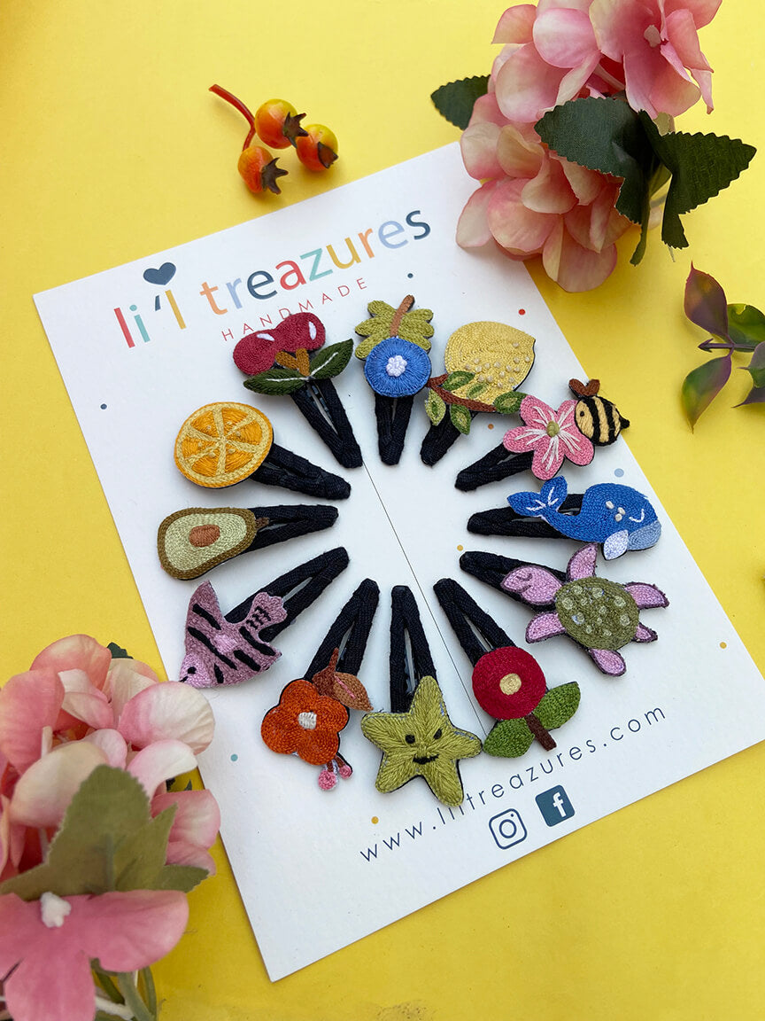 Organic cotton linen hand embroidered fruits animals flower Baby / kids hairpins | Multicoloured | set of 12