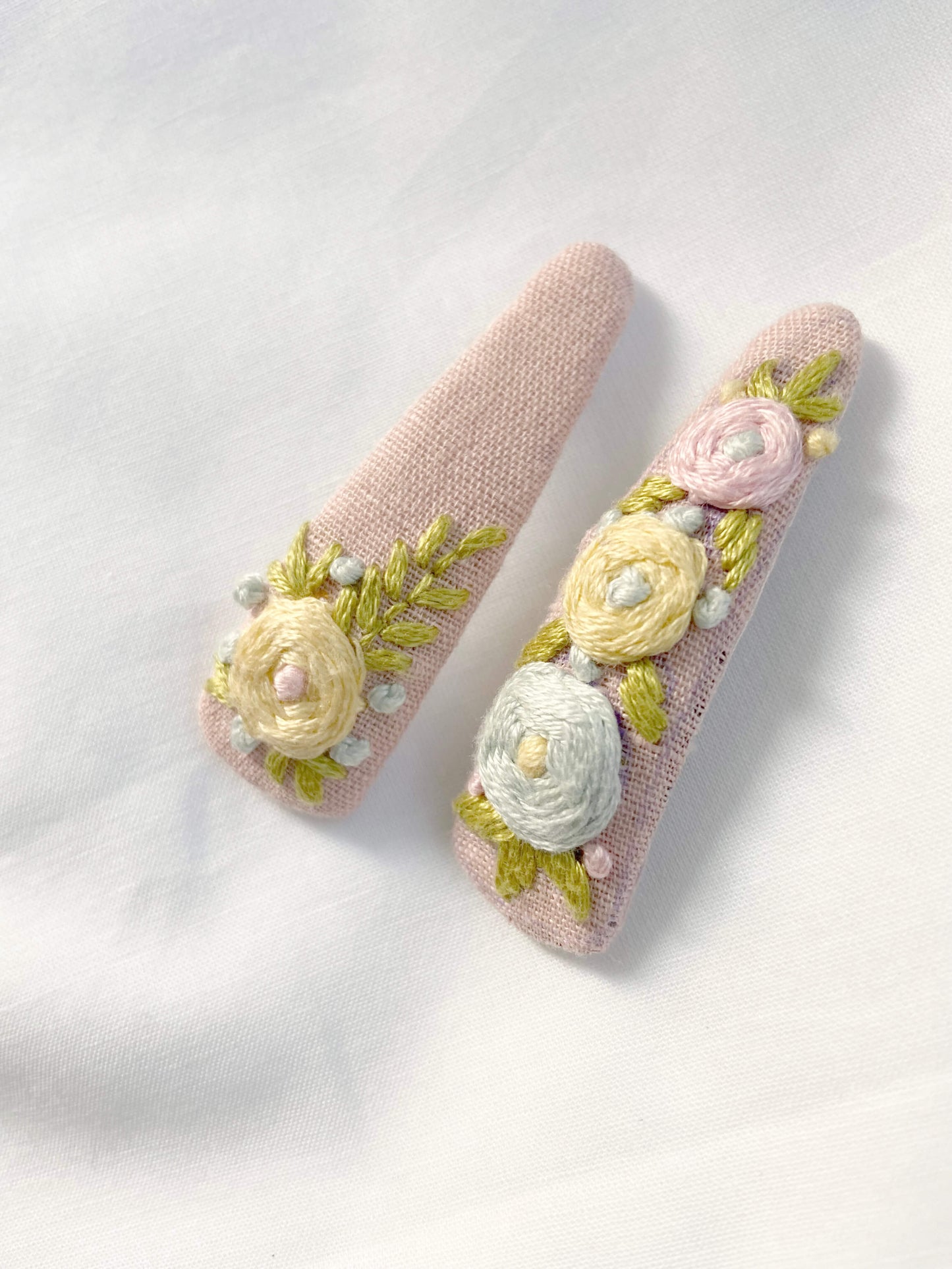 Pastel rose hand embroidered hairclip | Cotton Linen | Set of 2