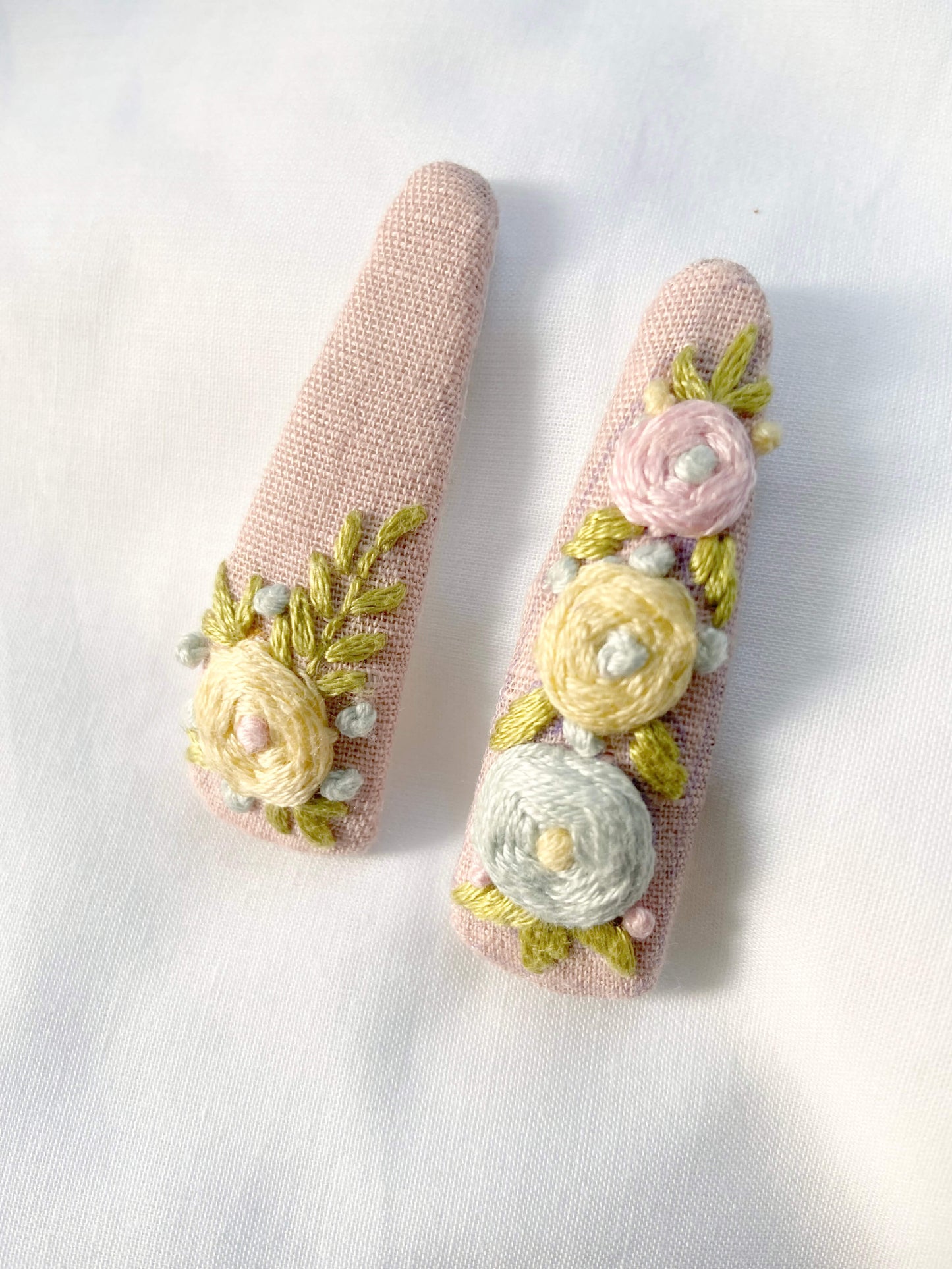 Pastel rose hand embroidered hairclip | Cotton Linen | Set of 2