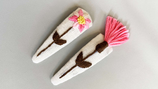 Pink Fringe flower hand embroidered hairclip | Cotton Linen | Set of 2