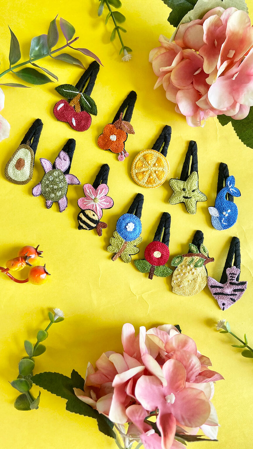 Organic cotton linen hand embroidered fruits animals flower Baby / kids hairpins | Multicoloured | set of 12