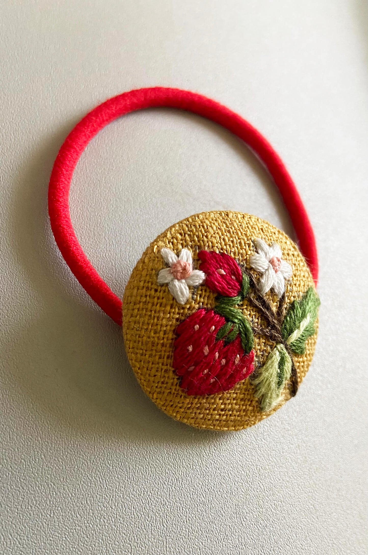 Strawberry Mushroom hand embroidered hair ties | Cotton linen | Set of 2