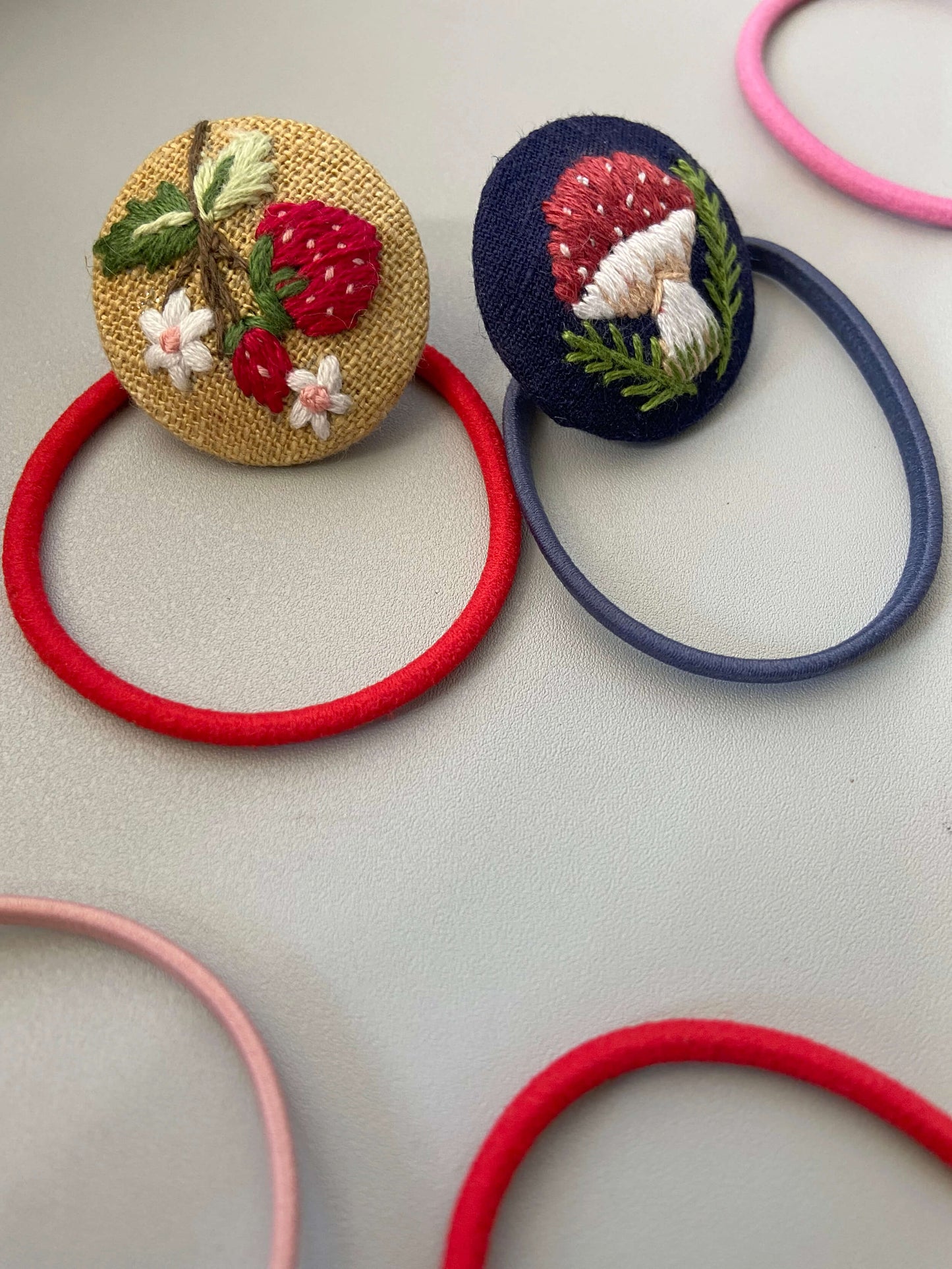 Strawberry Mushroom hand embroidered hair ties | Cotton linen | Set of 2