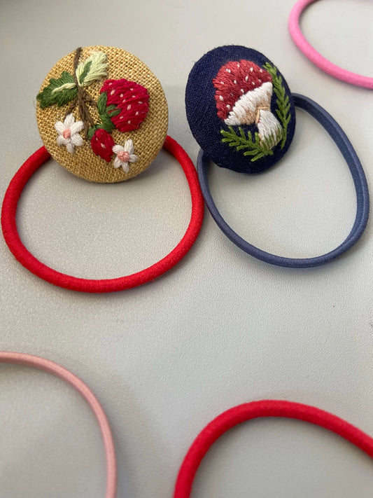 Strawberry Mushroom hand embroidered hair ties | Cotton linen | Set of 2